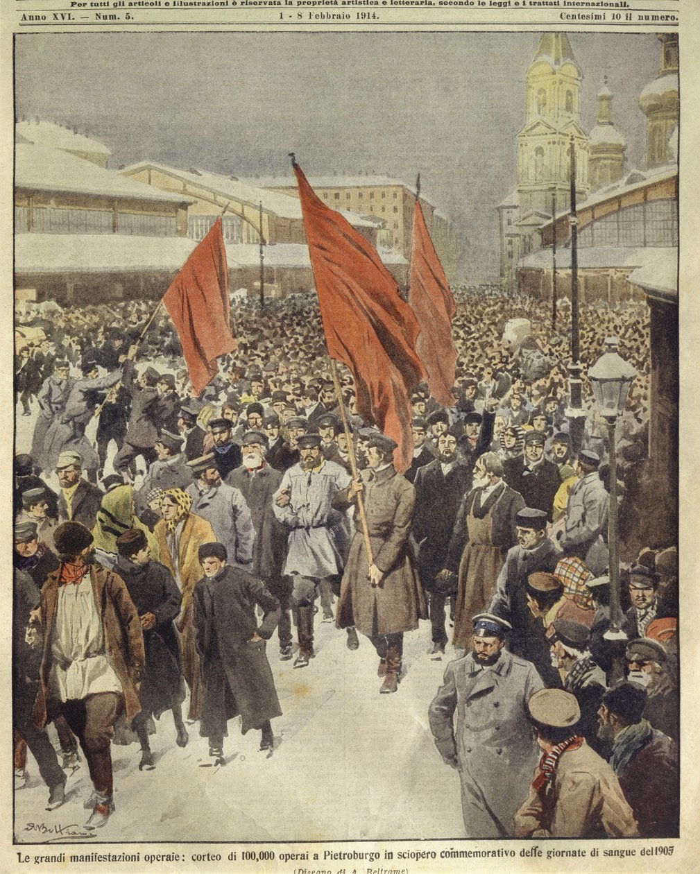 Ilustración de portada de cien mil trabajadores marchando para conmemorar el Domingo Sangriento de 1905; San Petersburgo, Rusia de Achille Beltrame