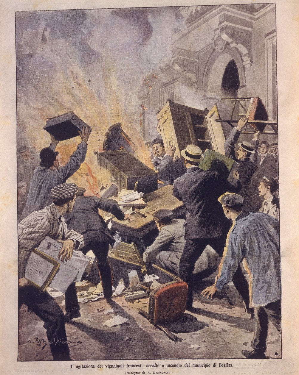 Ilustración de portada de los viticultores incendiando el Ayuntamiento de Beziers durante los levantamientos en Francia de Achille Beltrame