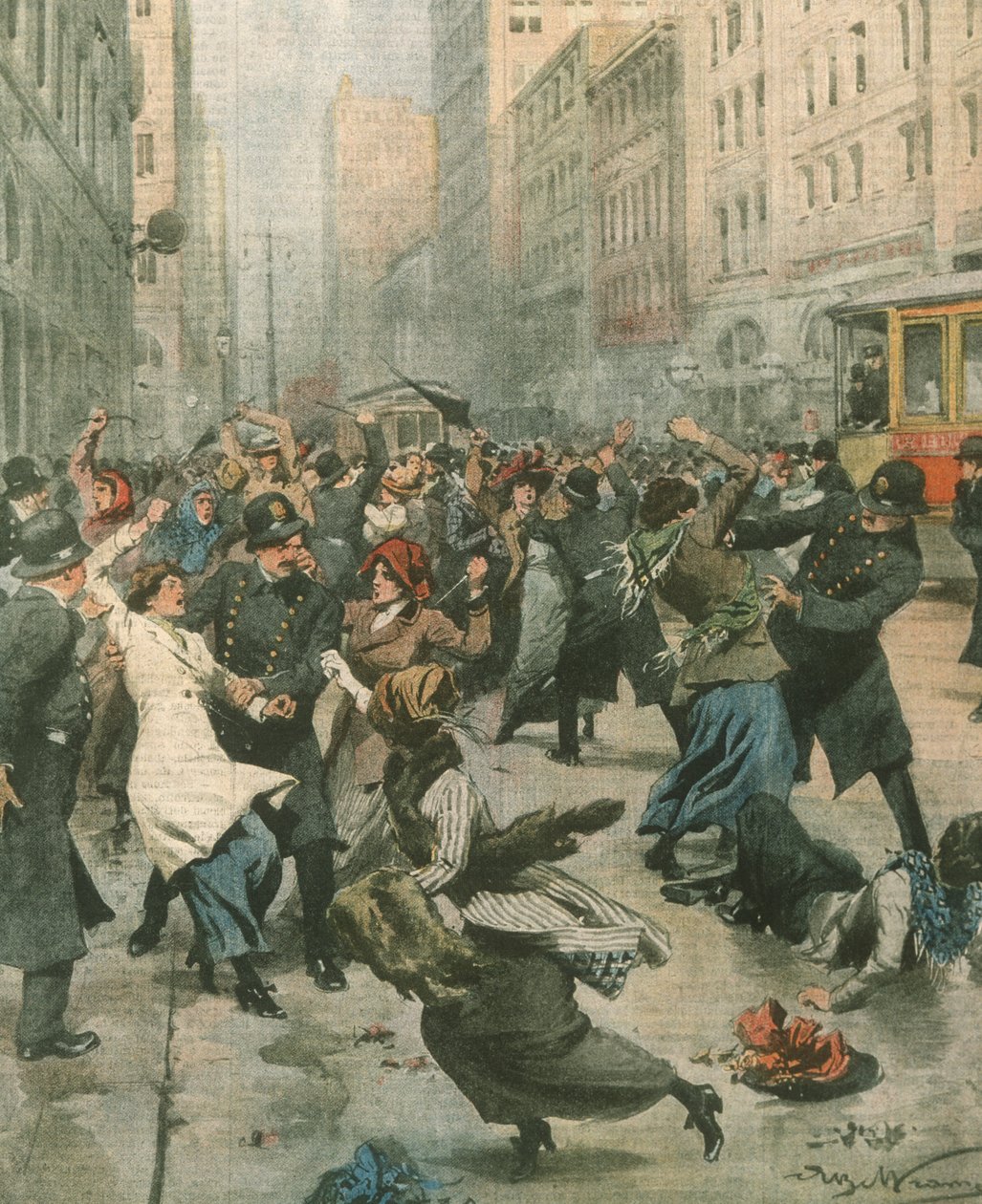 Ilustración de portada de mujeres protestando contra el desempleo en la calle; Nueva York, EE.UU. de Achille Beltrame