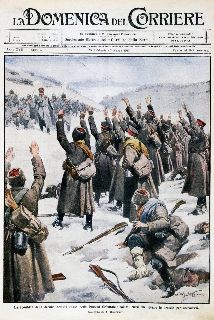 Derrota del décimo ejército ruso en Prusia Oriental: soldados rusos levantando los brazos en señal de rendición, placa de Achille Beltrame de La Domenica del Corriere, 28 de febrero-7 de marzo de 1915 de Achille Beltrame