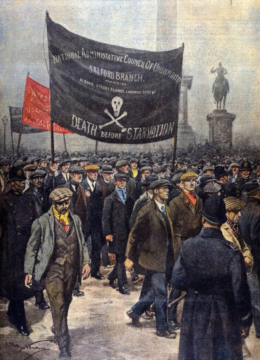 Manifestación de mineros en huelga. Londres 1922. Ilustración de Achille Beltrame. “La Domenica del Corriere”. de Achille Beltrame