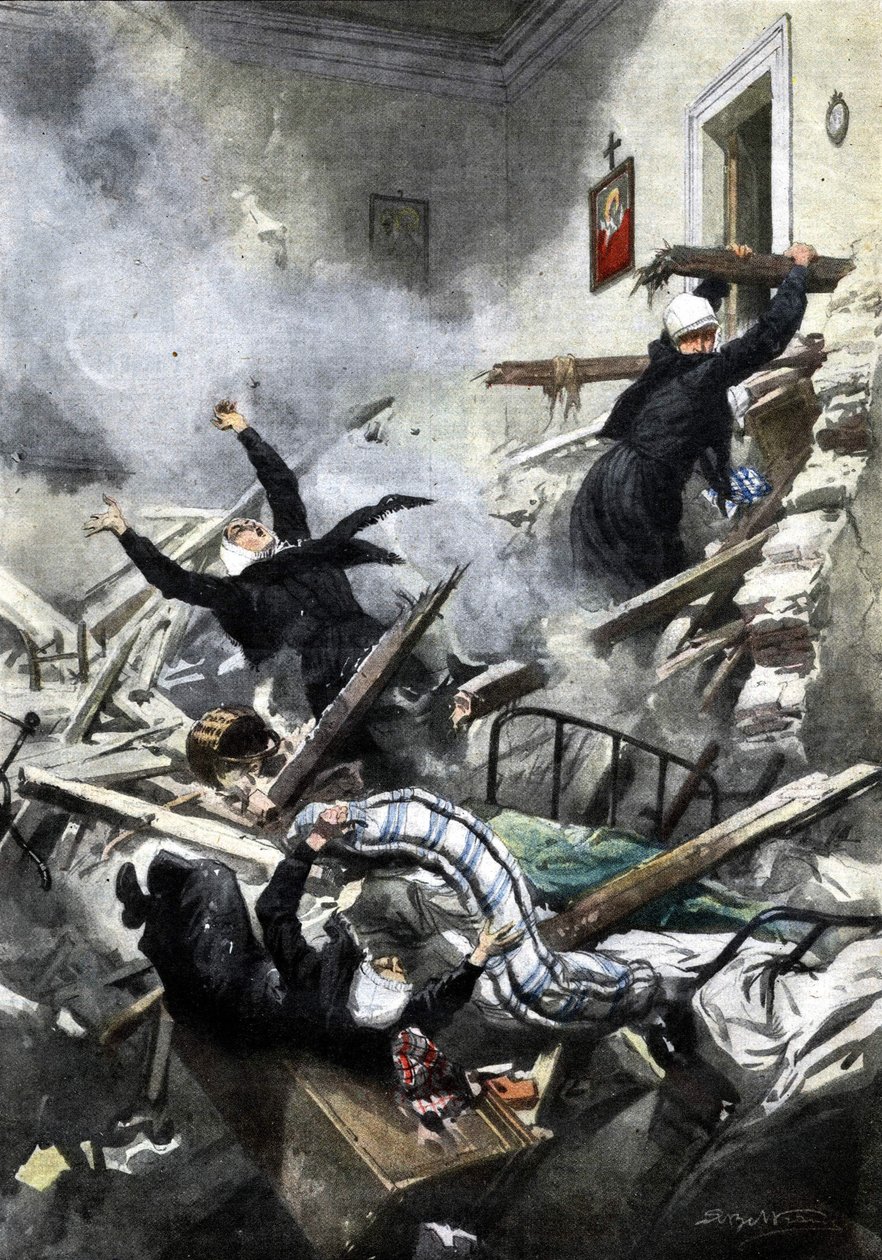 Desastre en un edificio en Génova: buenas hermanas desaparecidas en el colapso de dos apartamentos. Ilustración de Beltrame. "La Domenica del Corriere". 04/1914 de Achille Beltrame