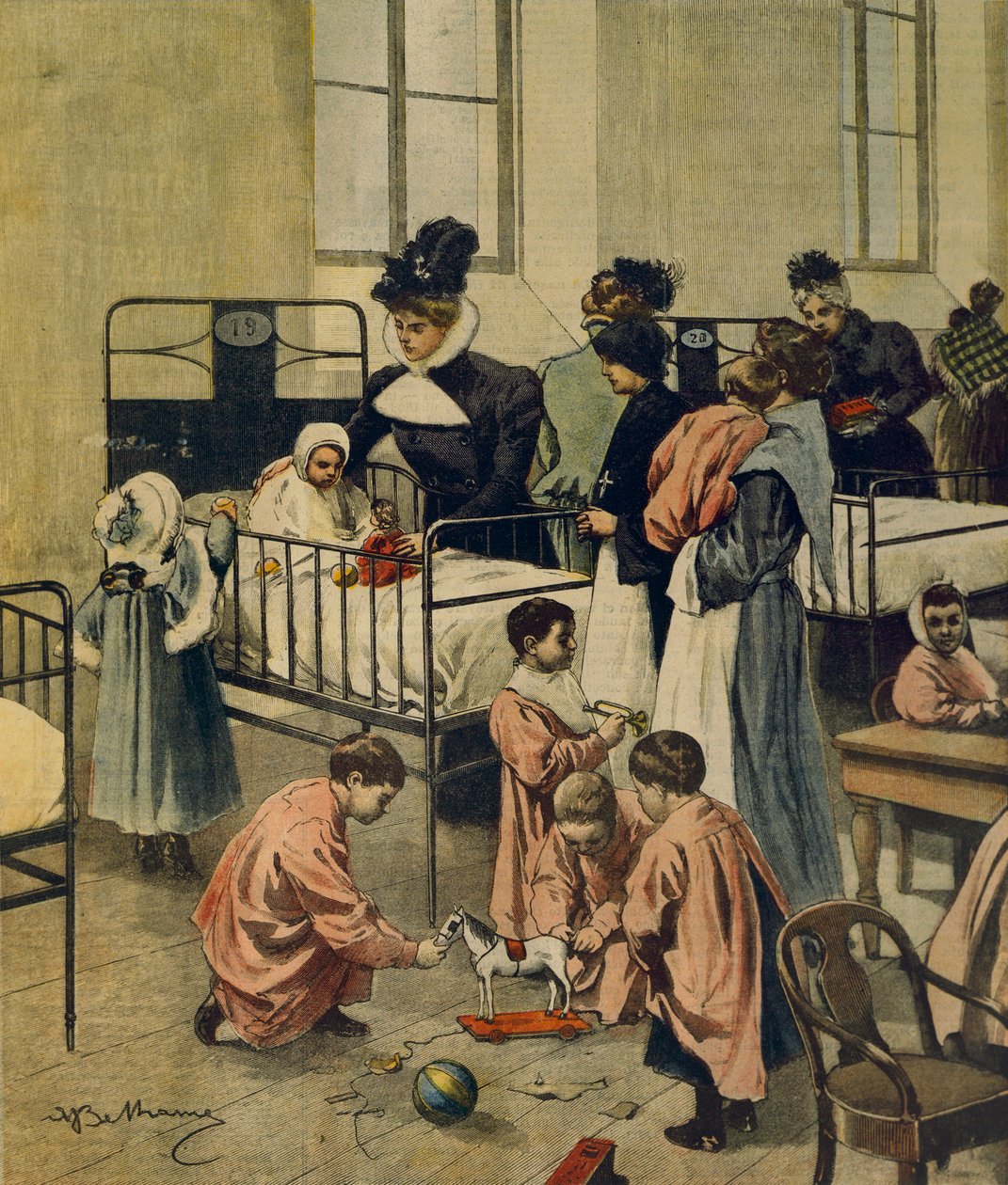 Distribución de regalos de Navidad a niños pobres en el hospital, ilustración de Achille Beltrame, de La Domenica del Corriere, 23 de noviembre de 1900 de Achille Beltrame