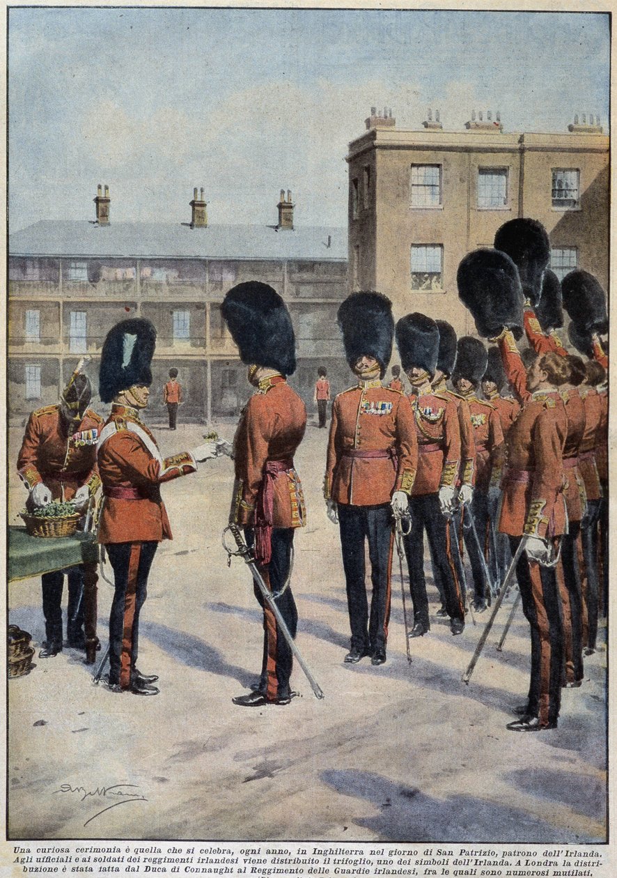 Distribución de tréboles para San Patricio (Patrón de Irlanda) por regimientos irlandeses, Inglaterra - dibujo de A. Beltrame, en "La Domenica del Corriere" de Achille Beltrame