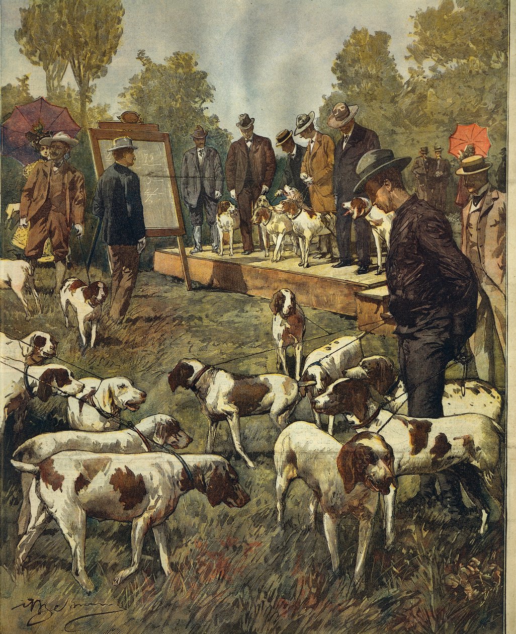 Exposición canina y pruebas de campo de perros de caza en San Siro (Milán), por Achille Beltrame, de La Domenica del Corriere, 2 de julio de 1899 de Achille Beltrame