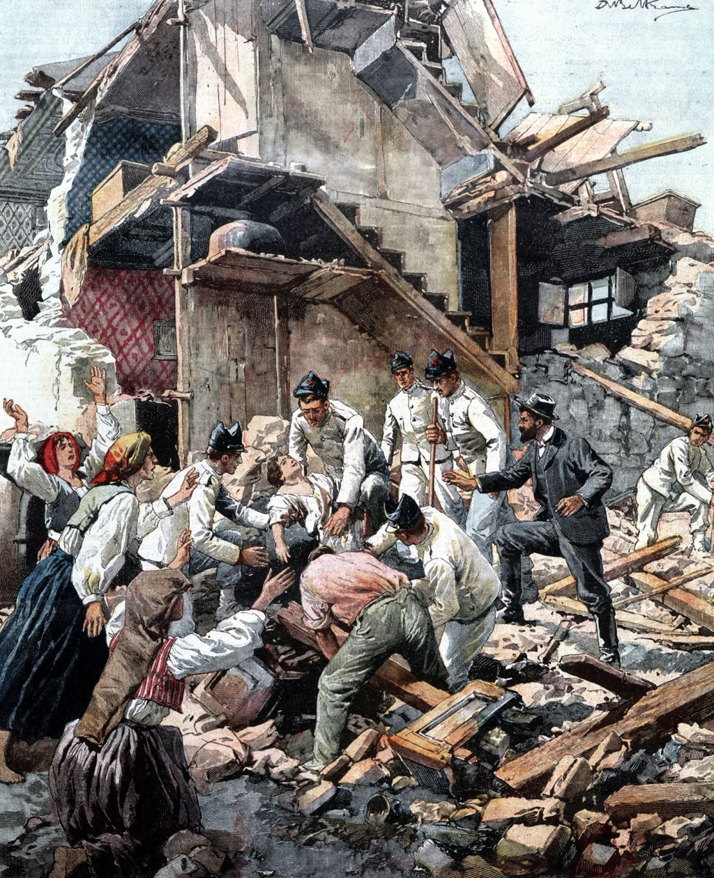 Terremoto en Reggio (Calabria) el 28/12/1908. Los soldados buscan en los escombros a las víctimas del terremoto. Ilustración de Beltrame de Achille Beltrame