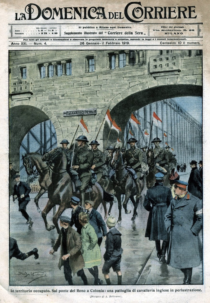 Presencia inglesa en Alemania: tropas militares en un puente del Rin en Colonia. Ilustración de Beltrame. La Domenica del Corriere. 01/1919 de Achille Beltrame