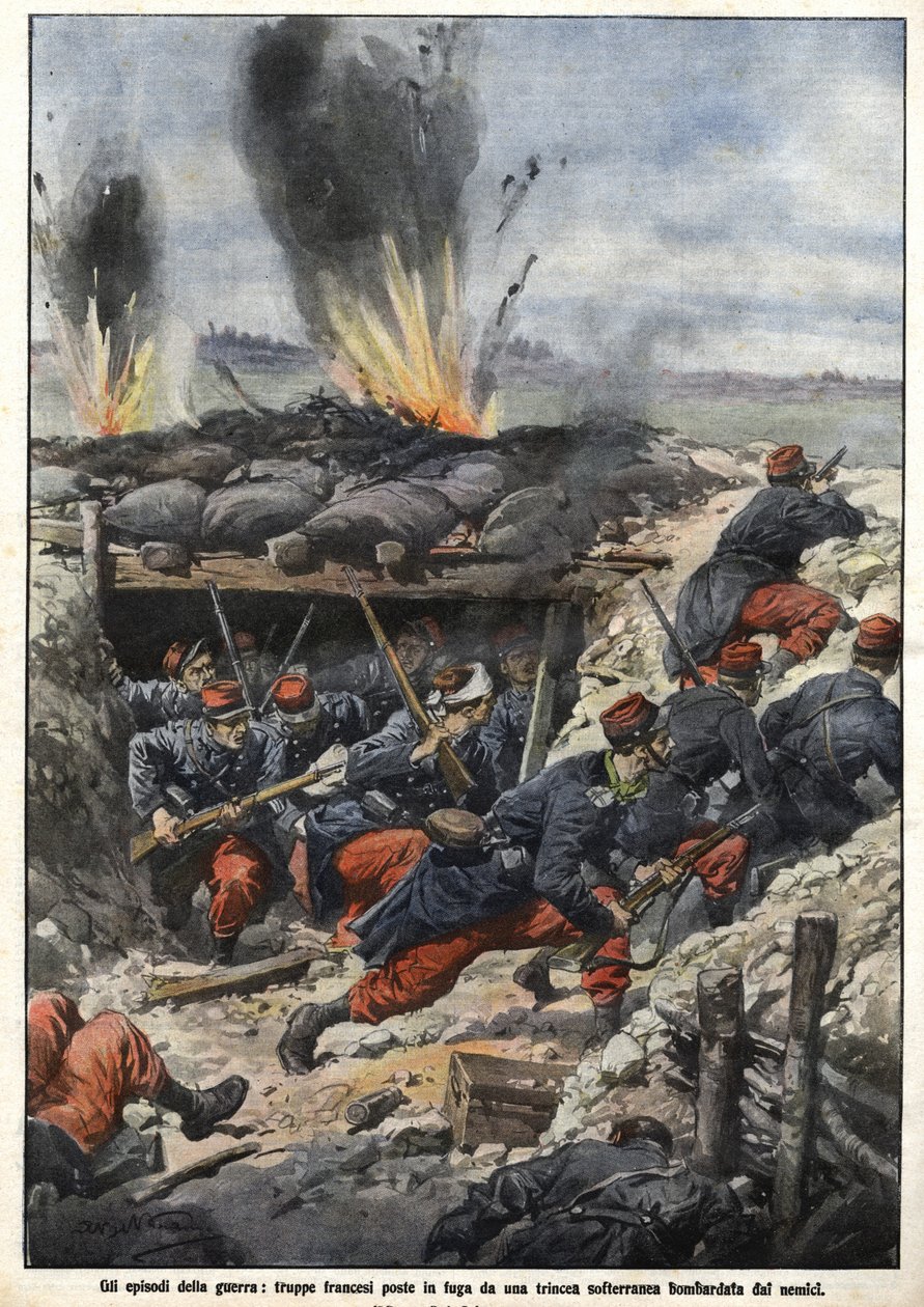 Episodio de la Guerra de 1914: tropas francesas en las trincheras son bombardeadas por enemigos. "La Domenica del Corriere" de Achille Beltrame