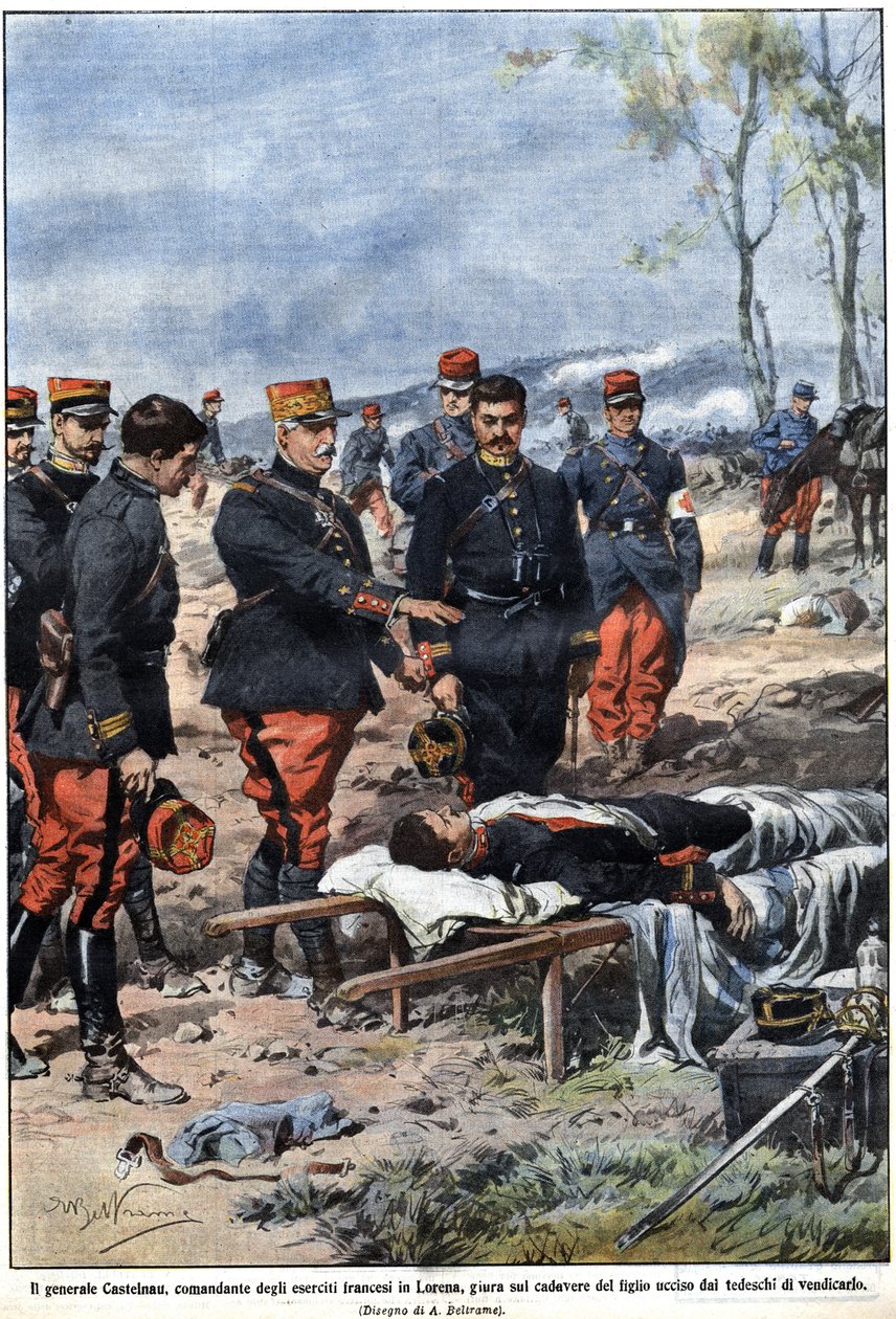 Episodio de la guerra de 1914: General Noel Edouard de Curieres de Castelnau (1851-1944), comandante del ejército francés en Lorena, jura vengar a su hijo muerto. Ilustración de Achille Beltrame en "La Domenica del Corriere" de Achille Beltrame