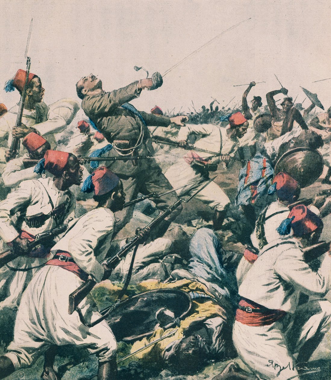 Ataque etíope al cuartel de Lugh y asesinato del Capitán Bongiovanni, ilustración de Achille Beltrame, de La Domenica del Corriere de Achille Beltrame