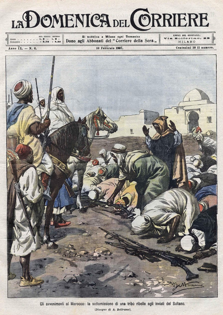 Eventos en Marruecos: una tribu rebelde se rinde a los representantes del sultán. Ilustración de Beltrame. La Domenica del Corriere de Achille Beltrame