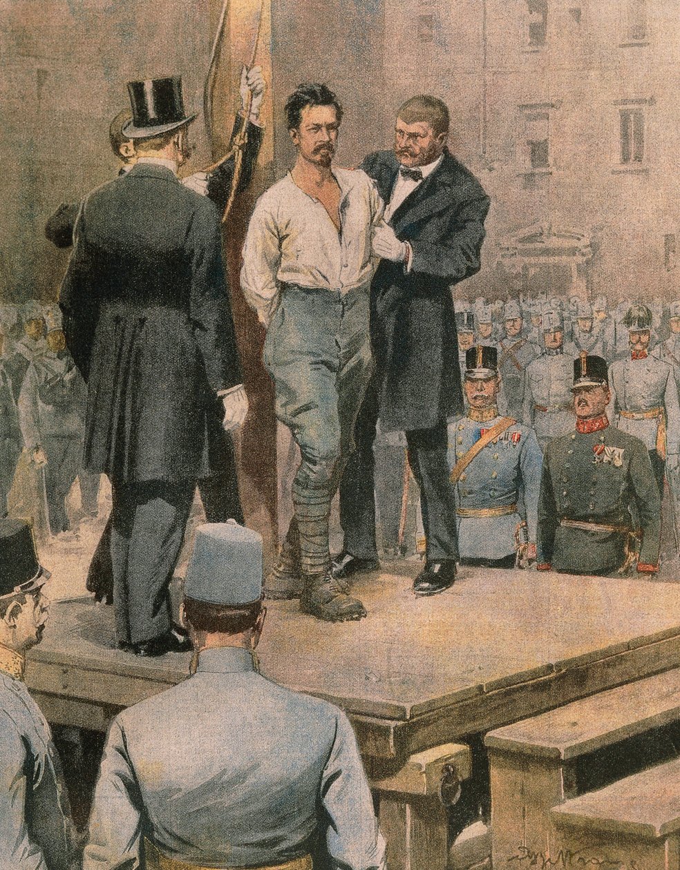 Ejecución de Cesare Battisti en Trento, por Achille Beltrame, ilustración, Ilustrador Achille Beltrame (1871-1945), de La Domenica del Corriere, julio de 1916 de Achille Beltrame