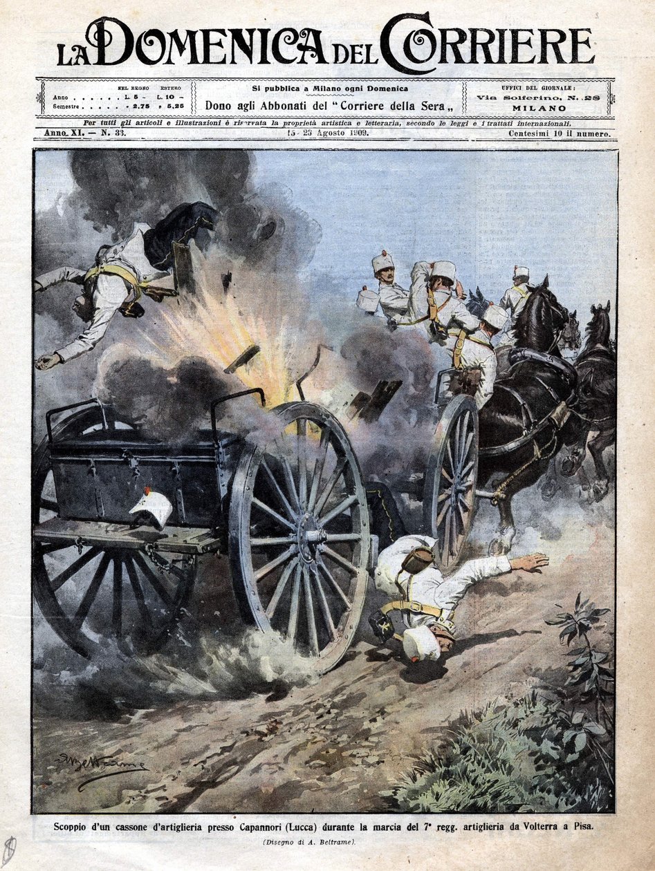 Explosión de una caja de artillería cerca de Capannori (Lucca) durante el traslado del 7º regimiento de artillería de Volterra a Pisa. Ilustración de Beltrame. “La Domenica del Corriere”. 15-23/08/1909 de Achille Beltrame