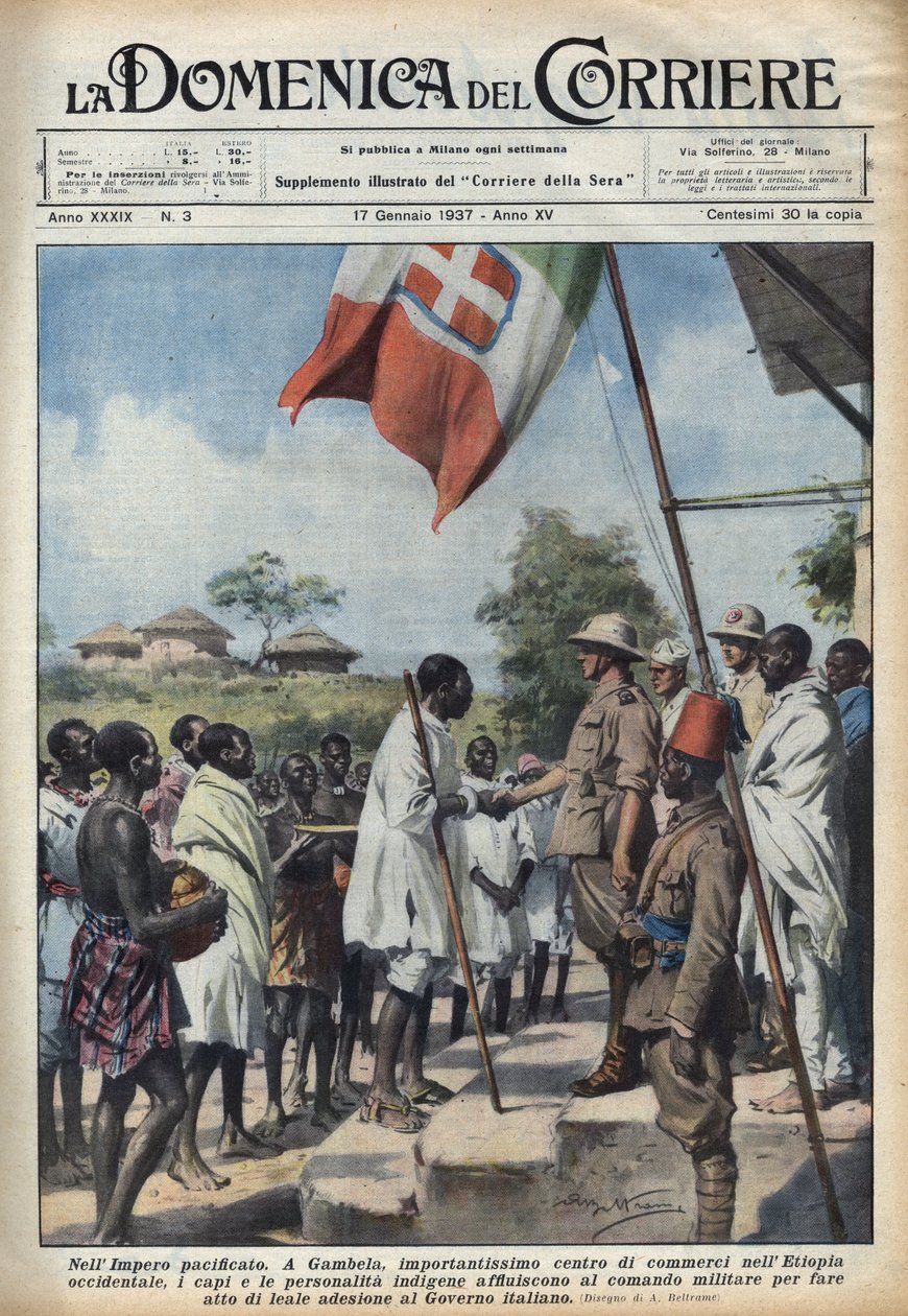 Fascismo 1937: Reuniones en Gambela, el centro comercial del Imperio Etíope, de jefes y personalidades indígenas para hacer un acto de adhesión al gobierno italiano. Ilustración de Achille Beltrame en "La domenica del corriere" 17/01/1937 de Achille Beltrame