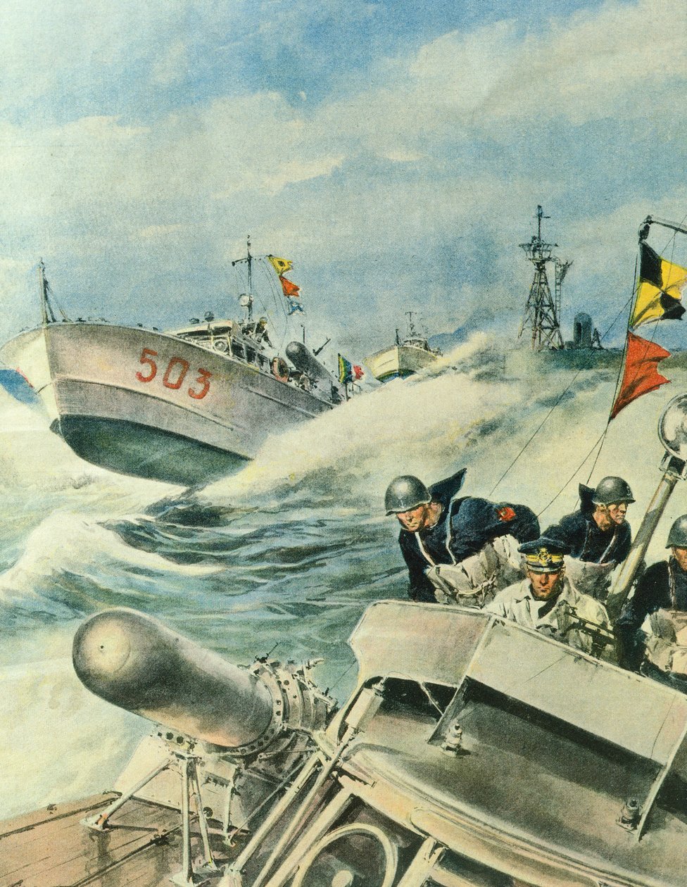 Lanchas rápidas de la marina italiana patrullando el área del Mar Mediterráneo, 12 de septiembre de Achille Beltrame