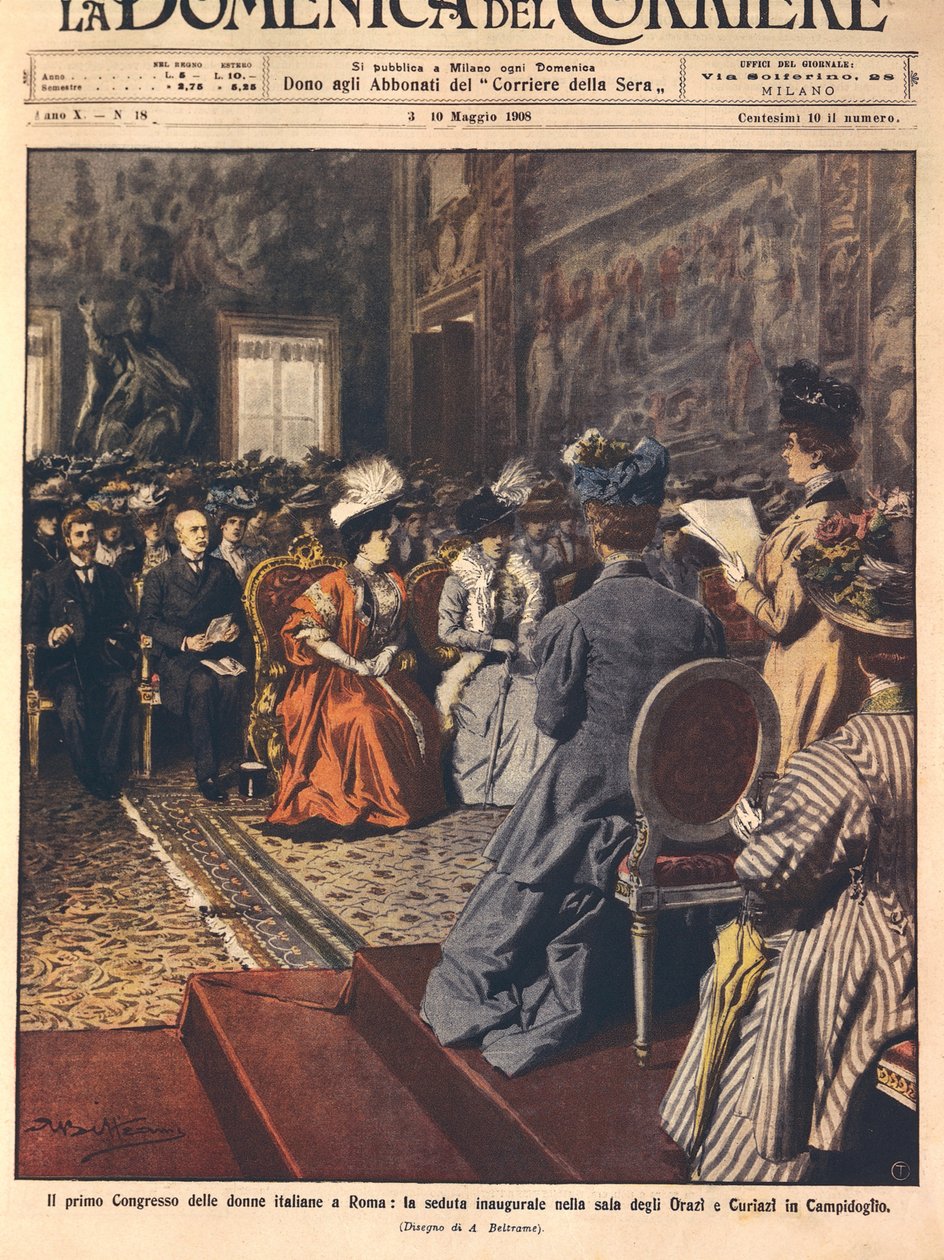 Primer congreso de mujeres italianas en el Capitolio, Roma, ilustración por Achille Beltrame de La Domenica del Corriere, 3 de mayo de Achille Beltrame