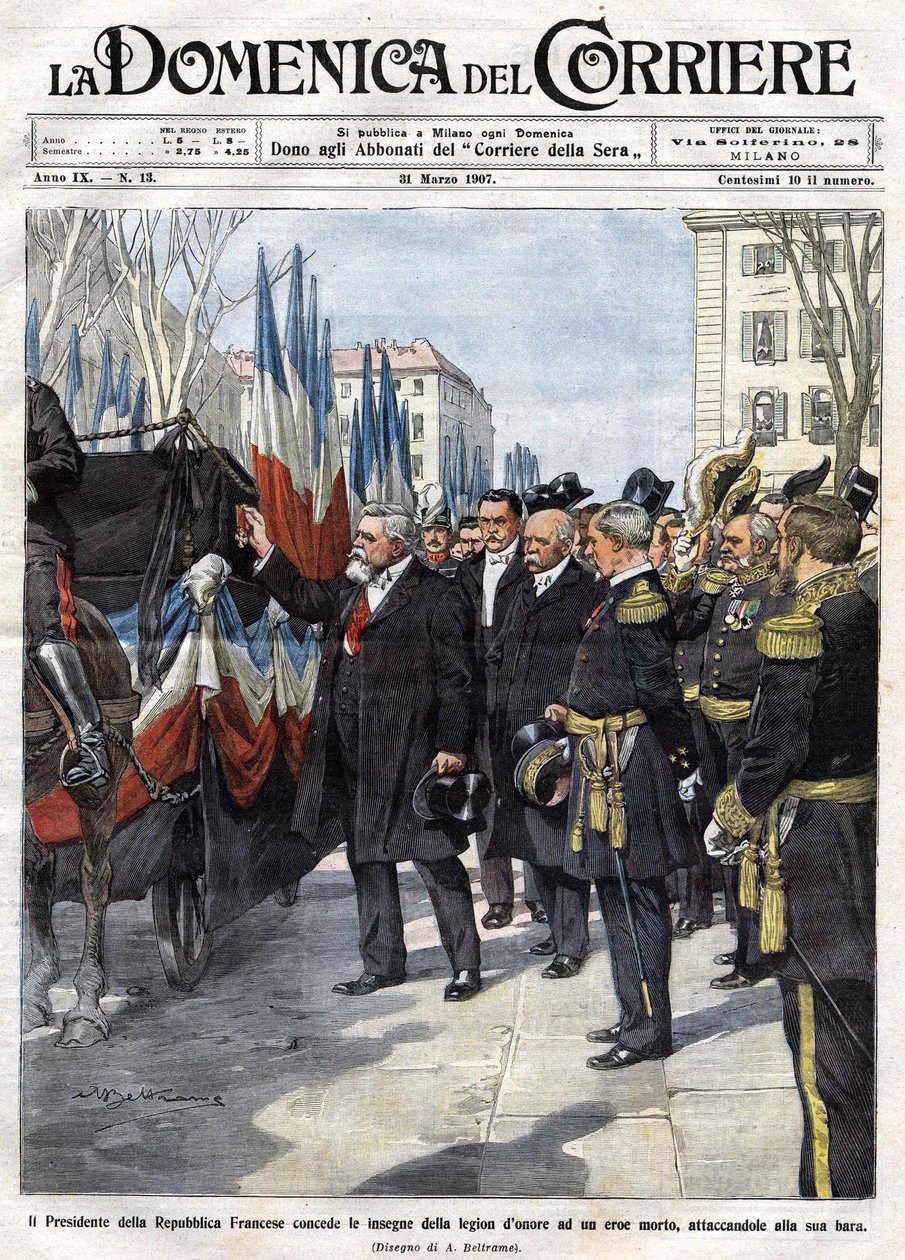 El presidente francés Armand Fallieres presenta la medalla de la Legión de Honor a un héroe muerto en batalla. Ilustración de Beltrame. La Domenica del Corriere. 31/03/1907 de Achille Beltrame