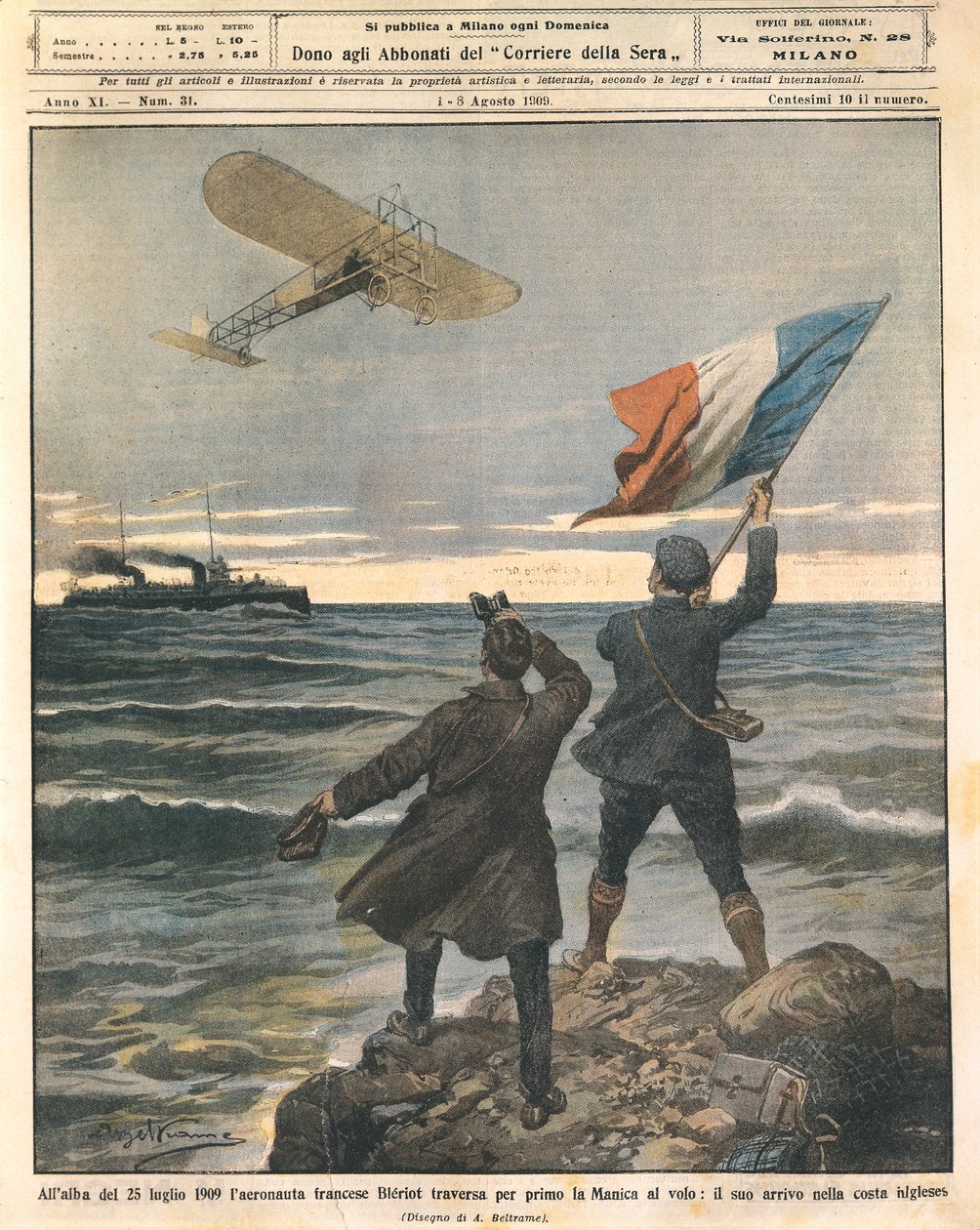 Aviador francés Louis Blériot, primera persona en cruzar el Canal de la Mancha, celebraciones en la costa inglesa, 25 de julio de Achille Beltrame