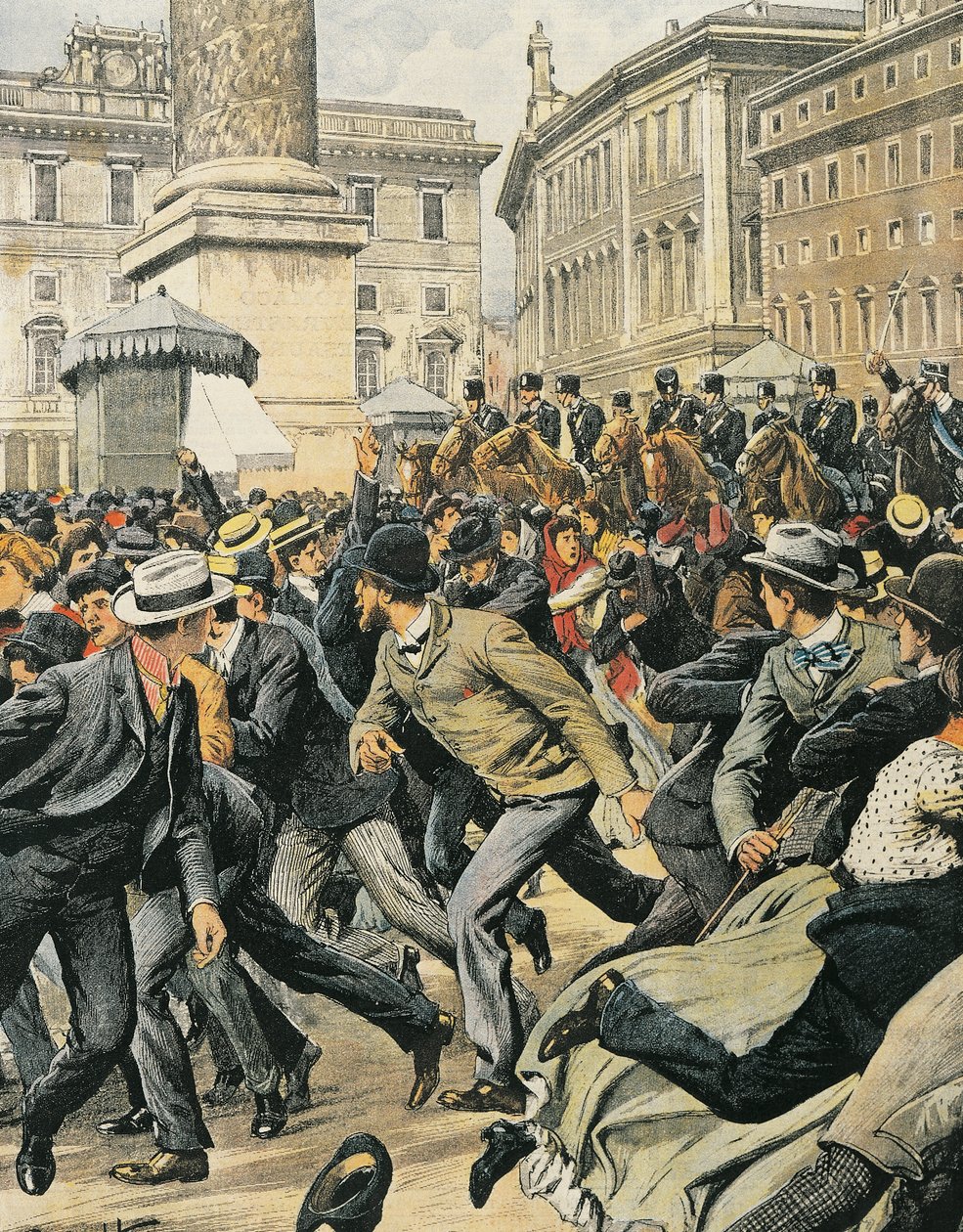 Huelga general de trabajadores en Roma, por Achille Beltrame, ilustración, Ilustrador Achille Beltrame, de La Domenica del Corriere de Achille Beltrame