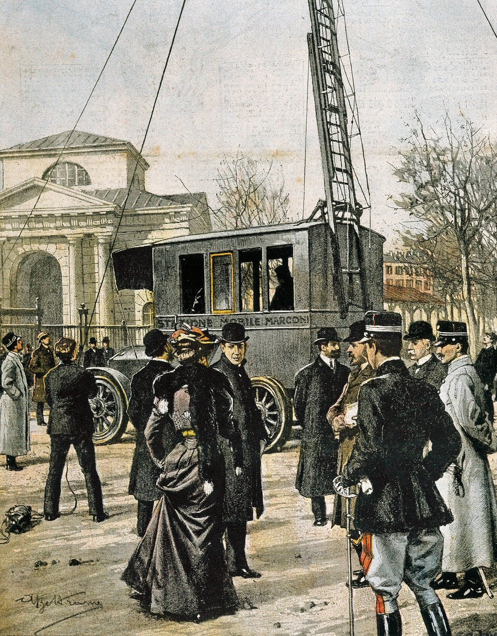 Guglielmo Marconi asiste en Milán a la prueba de la primera Estación Radio Móvil. Ilustración de Achille Beltrame para “Domenica del Corriere” (1906). Grabado de Achille Beltrame