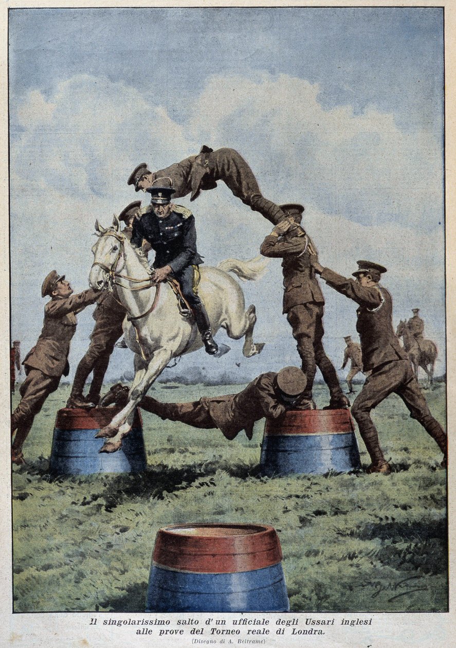 Salto de Caballo: Húsares Ingleses en las Pruebas del Torneo de Londres - dibujo de A. Beltrame, en “La Domenica del Corriere” de Achille Beltrame