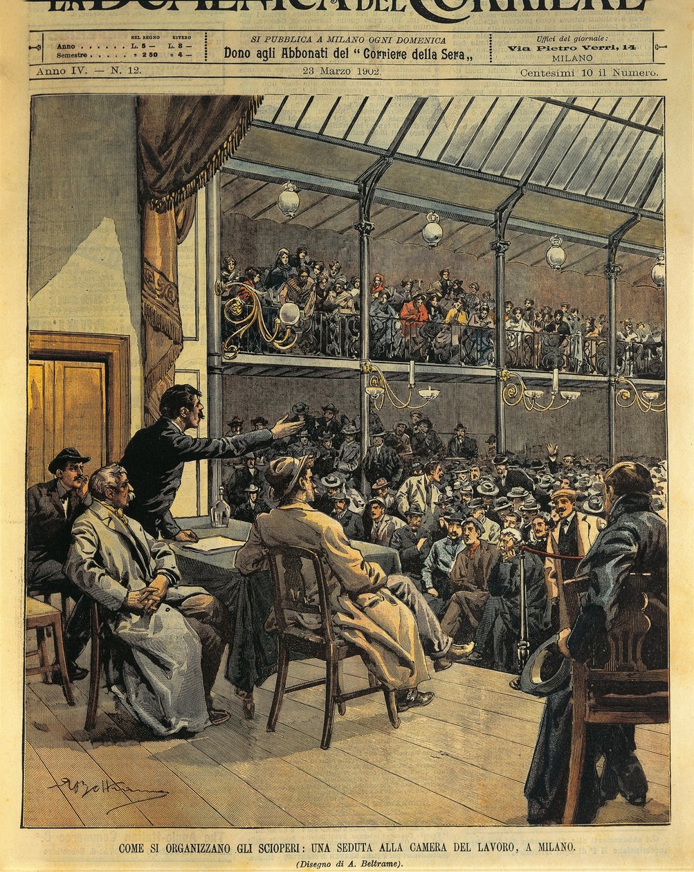 Cómo organizar huelgas, sesión de la Cámara del Trabajo en Milán, ilustración de Achille Beltrame de La Domenica del Corriere, 23 de marzo de Achille Beltrame