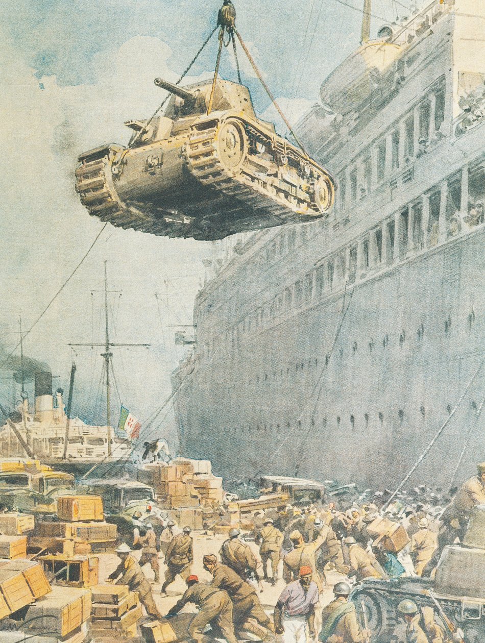 Convoy italiano llegando a su destino en Libia, por Achille Beltrame, ilustración, Ilustrador Achille Beltrame (1871-1945), de La Domenica del Corriere de Achille Beltrame