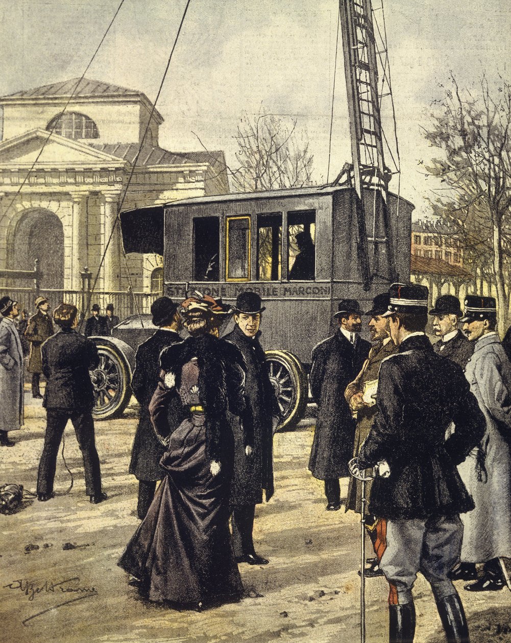 El físico italiano Guglielmo Marconi asiste a experimentos con la primera estación de radio móvil en Milán, 30 de diciembre de Achille Beltrame