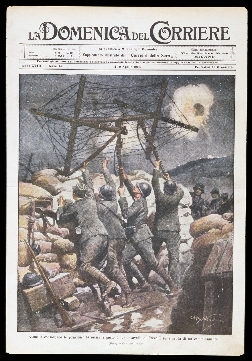Soldados italianos colocando un caballo frisón en la trinchera, placa de Achille Beltrame para Domenica del Corriere, 2-9 de abril de 1916, Primera Guerra Mundial, Italia, siglo XX de Achille Beltrame