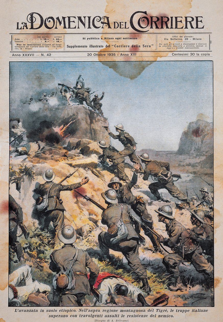 Tropas italianas avanzando en suelo etíope, ilustración de La Domenica del Corriere, 20 de octubre de Achille Beltrame