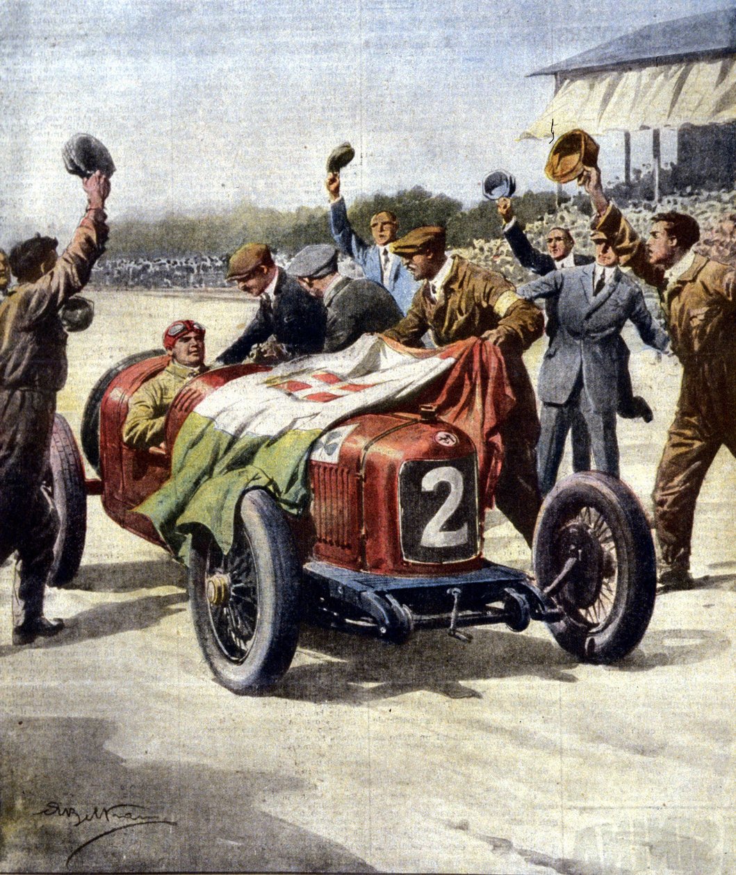 Victoria italiana en el 3er Gran Premio Europeo de Automovilismo: los mecánicos de Ascari muestran la bandera tricolor en el coche. Ilustración de Beltrame. "La Domenica del Corriere". 07/1925 de Achille Beltrame