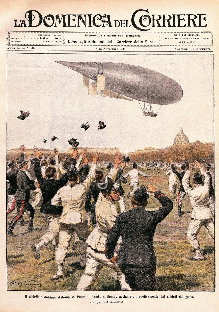 Italia, Milán, Vuelo del dirigible pilotado por Crocco y Ricaldoni en Roma, el 31 de octubre de Achille Beltrame