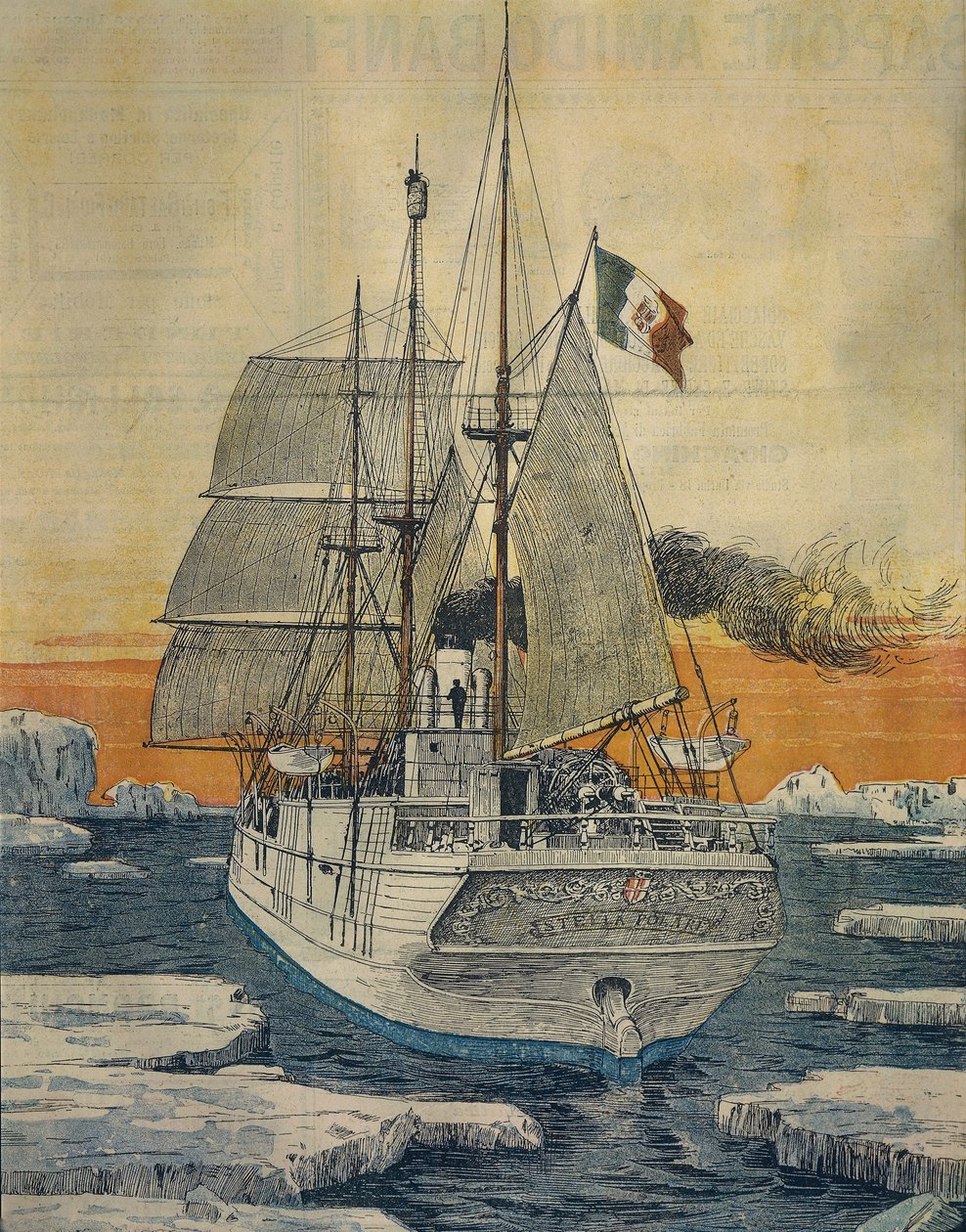 Viaje al Polo Norte: Barco Polar Star que llevó al Príncipe Luigi Amedeo de Saboya-Aosta, Duque de los Abruzos, a la Bahía de Teplitz en la Isla Rudolf, por Achille Beltrame, de La Domenica del Corriere de Achille Beltrame