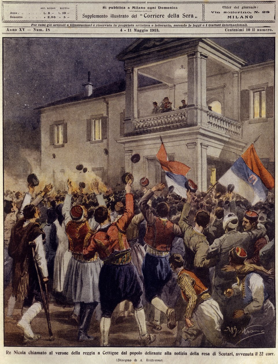 Rey Nicolás I de Montenegro ante una multitud en Cettigne después de la rendición de la ciudad de Shkoder, 4 de mayo de Achille Beltrame