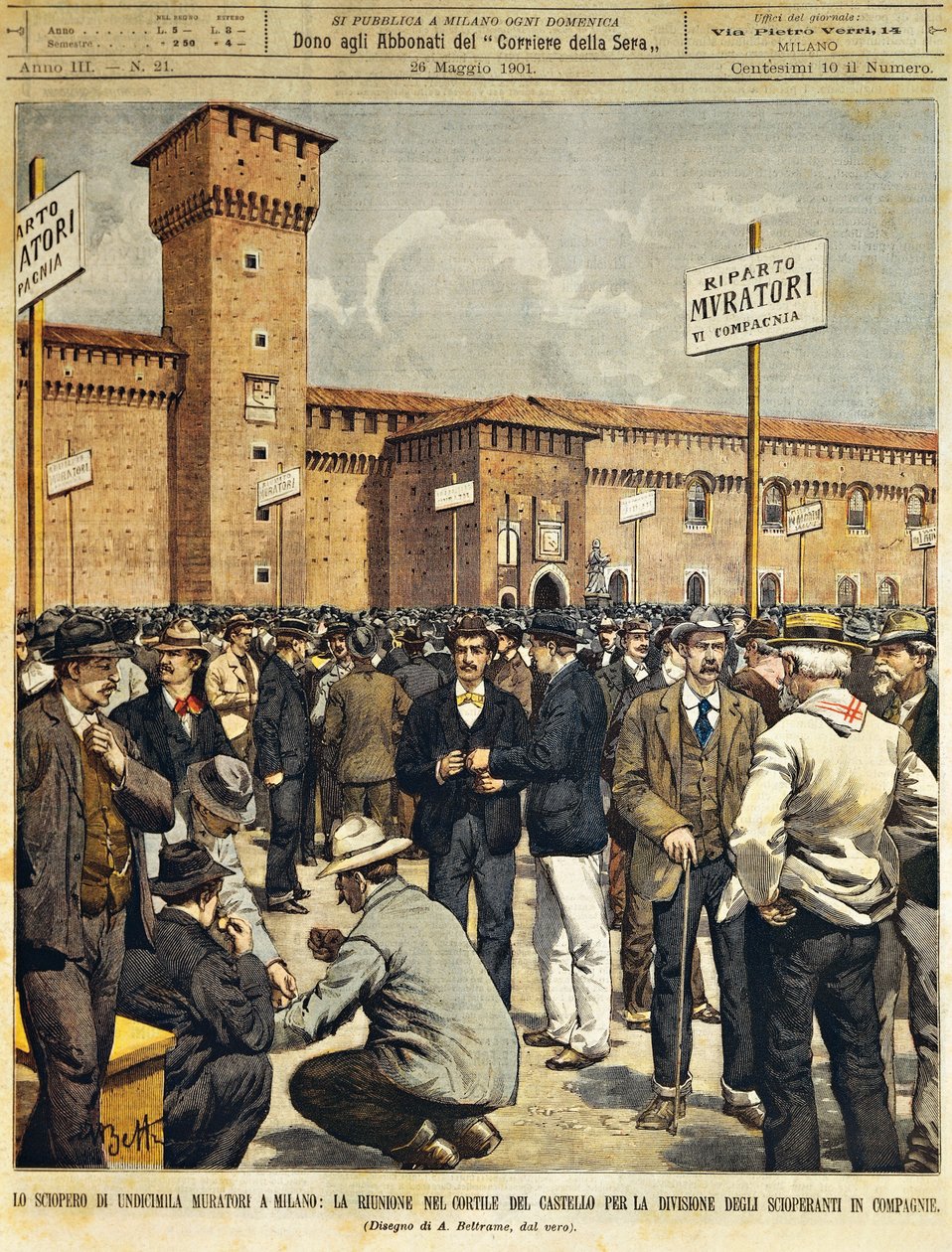 Huelga de constructores a gran escala en Milán: Reunión pública en el gran patio del Castillo Sforzesco, por Achille Beltrame, de La Domenica del Corriere, 26 de mayo de 1901 de Achille Beltrame