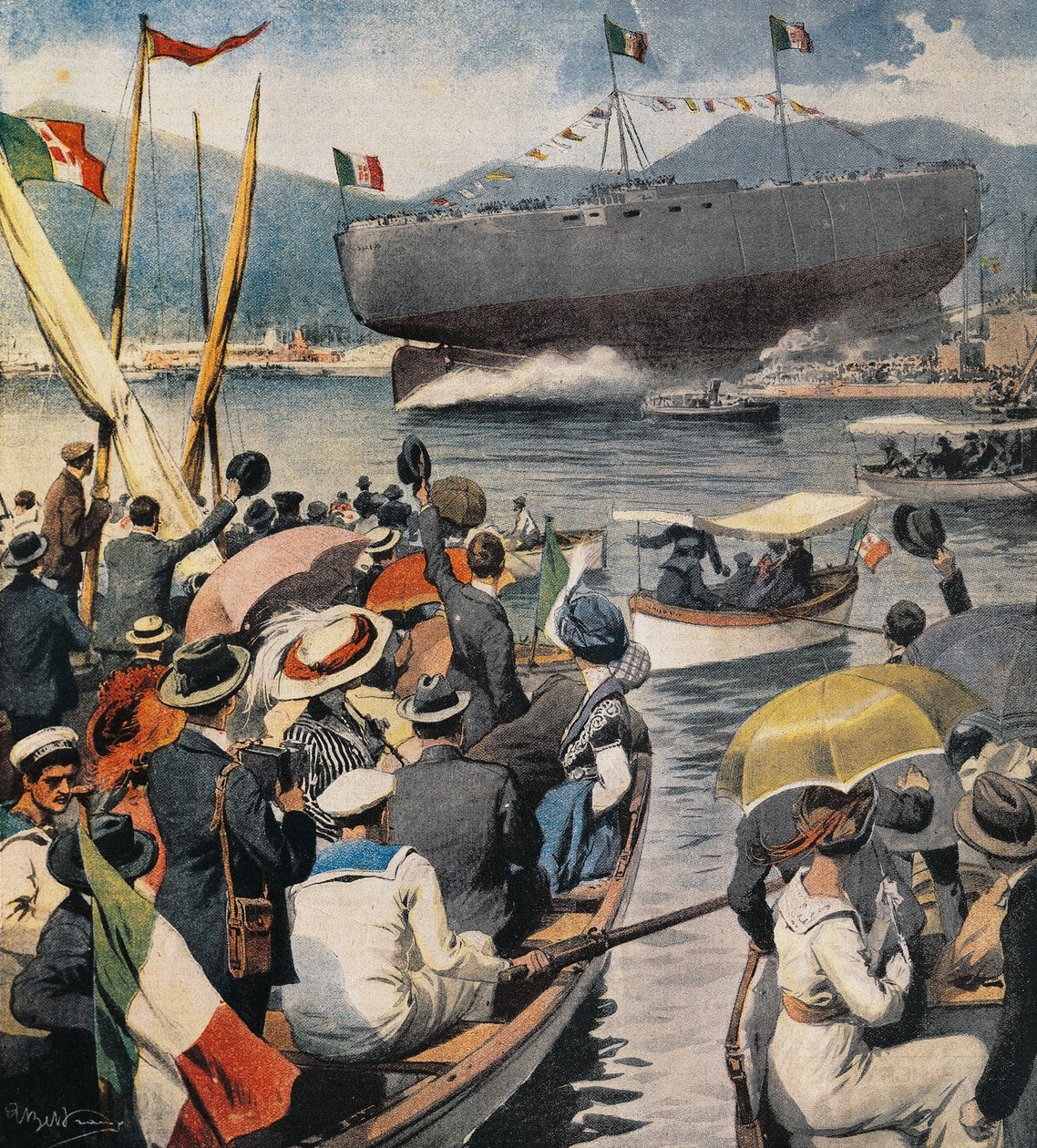 Botadura del acorazado Andrea Doria desde el Arsenal en La Spezia, panel de Achille Beltrame, La Domenica del Corriere, 6 de abril de Achille Beltrame