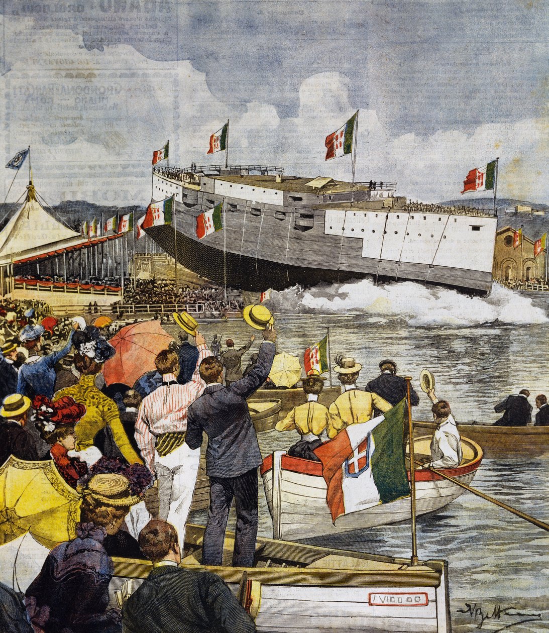 Botadura del acorazado Regina Margherita en La Spezia, panel de Achille Beltrame (1871-1945), La Domenica del Corriere, 9 de junio de Achille Beltrame