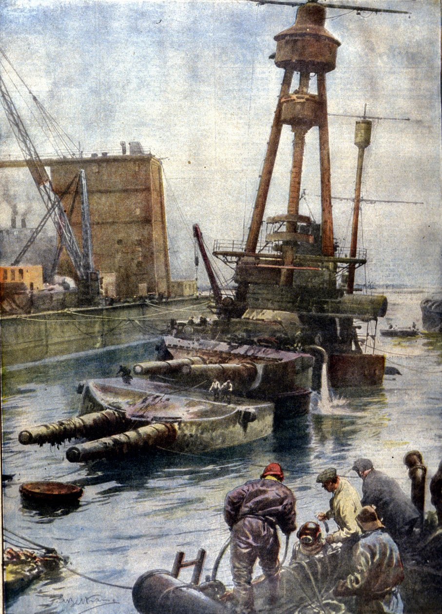 El acorazado alemán Hindenburg, hundido en Scapa Flow en Escocia, vuelve a la superficie gracias a la flota inglesa después de 7 años en el fondo del océano (Ilustración de Beltrame, La Domenica del Corriere) de Achille Beltrame