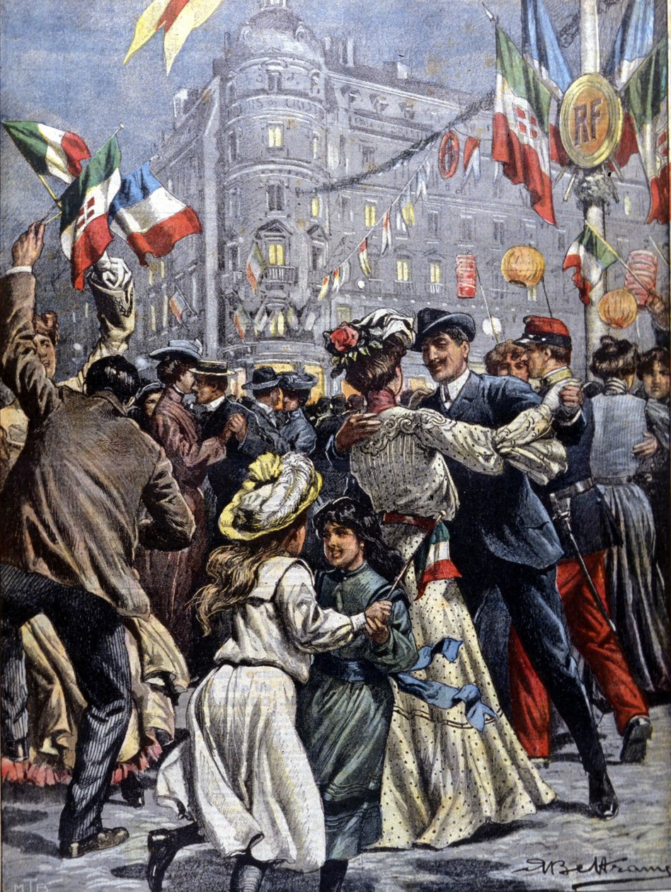 Los soberanos de Italia en París: los bailes populares en las calles (Ilustración de Beltrame, La Domenica del Corriere, 1903) de Achille Beltrame