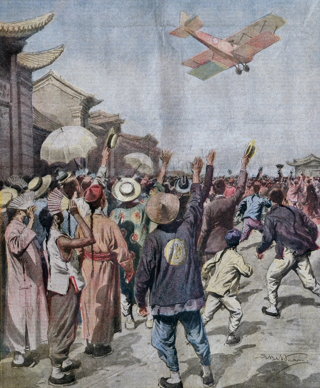 Teniente Arturo Ferrarin, participante en la incursión Roma-Tokio, llegando sobre el cielo de Shanghái, ilustración por Achille Beltrame de La Domenica del Corriere, 16 de mayo de Achille Beltrame