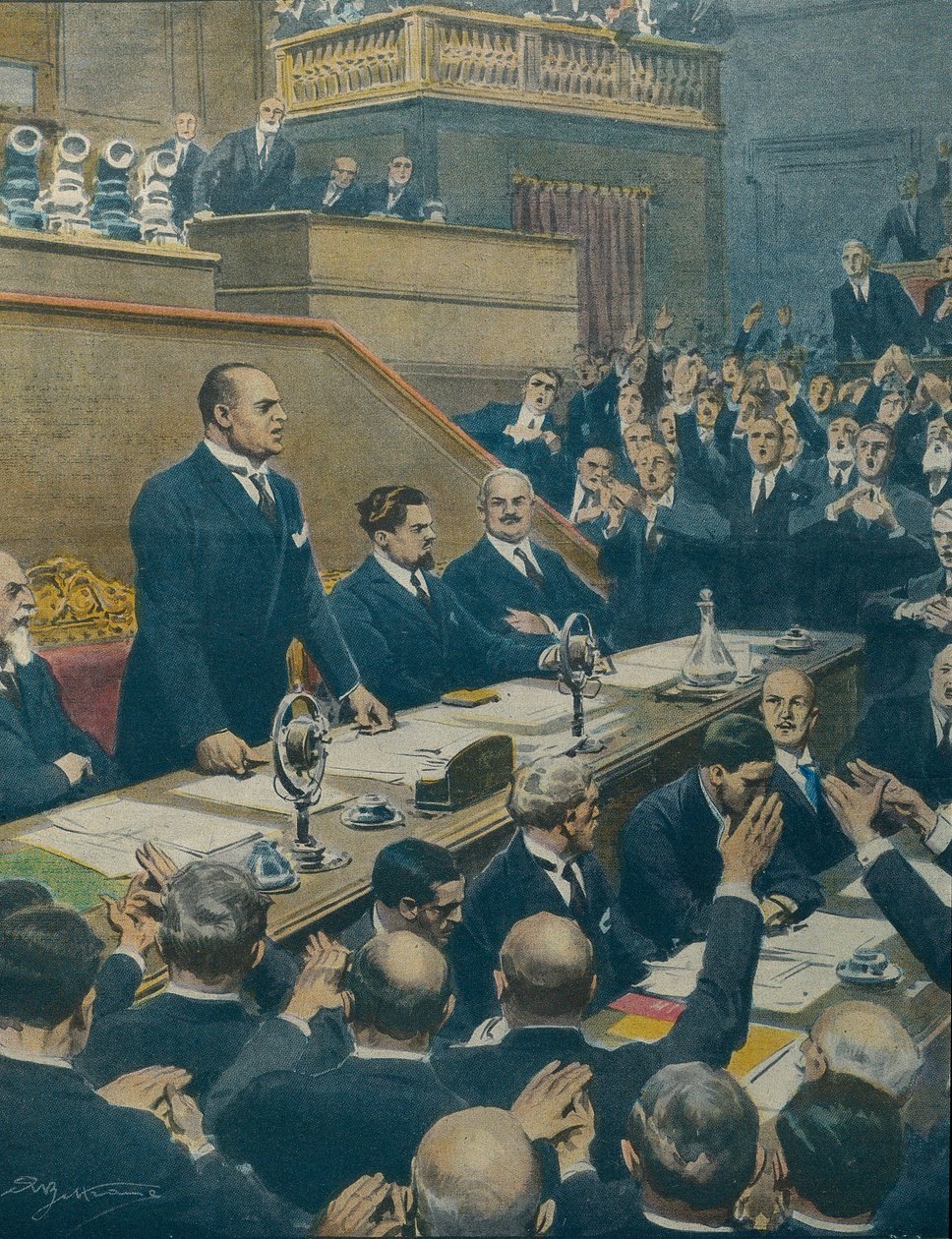MUSSOLINI, Benito (1883-1945). Político fascista italiano, duce de Italia (1925-1943). Mussolini anunciando la alianza alcanzada entre las cuatro potencias occidentales al Senado. Achille Beltrame (1871-1945) de La Domenica del Corriere, 7 de junio de Achille Beltrame