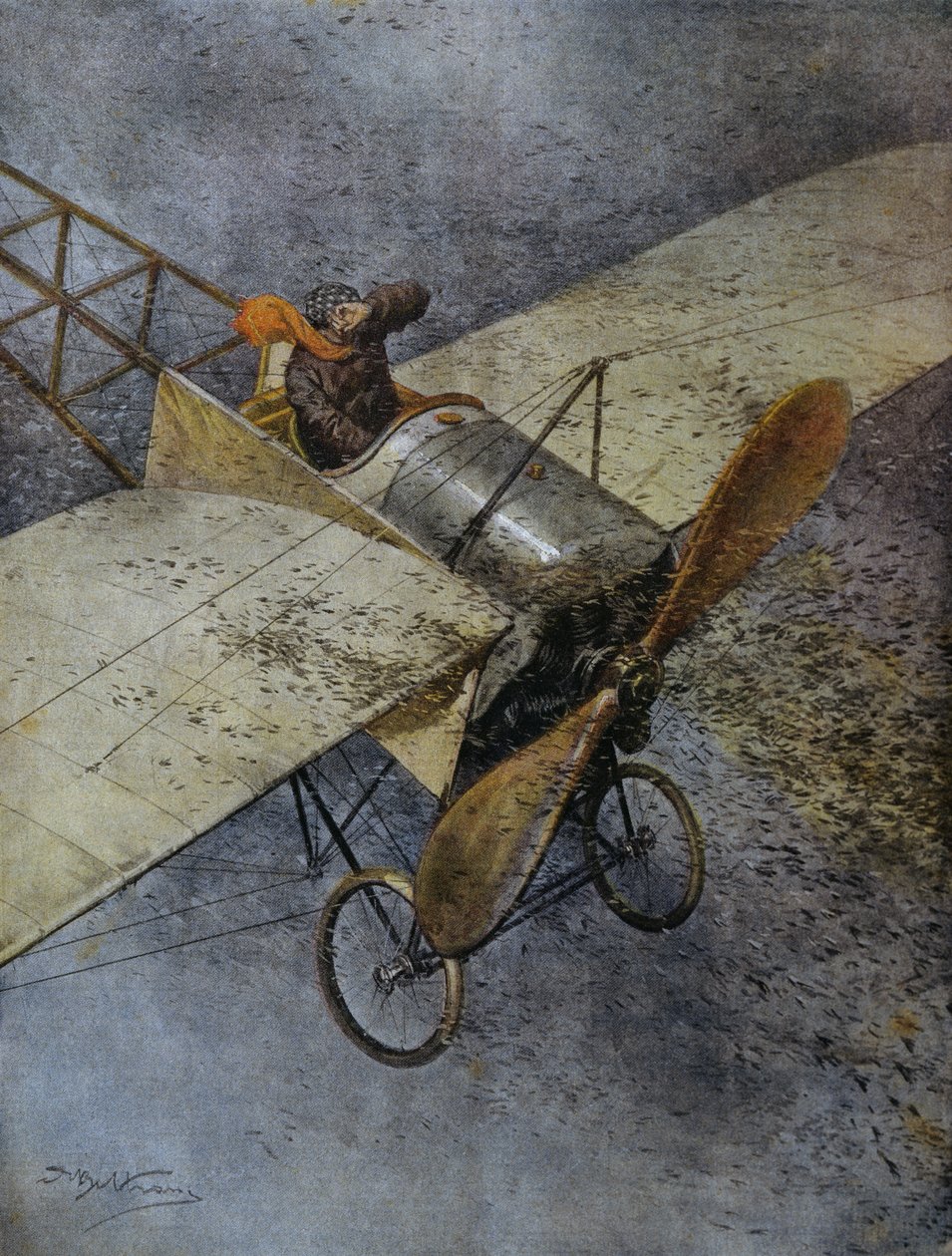 Avión de Mauvaise estrellándose tras ser golpeado por enjambres de langostas, cerca de Madrid, España, ilustración de Achille Beltrame de La Domenica del Corriere, 3 de junio de Achille Beltrame