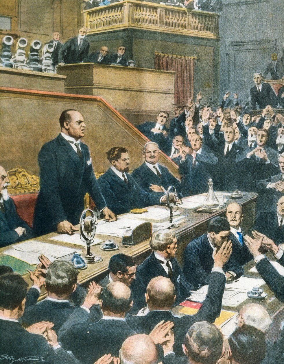 Mussolini anunciando la alianza alcanzada entre cuatro potencias occidentales al Senado, Achille Beltrame (1871-1945) de La Domenica del Corriere, 7 de junio de Achille Beltrame