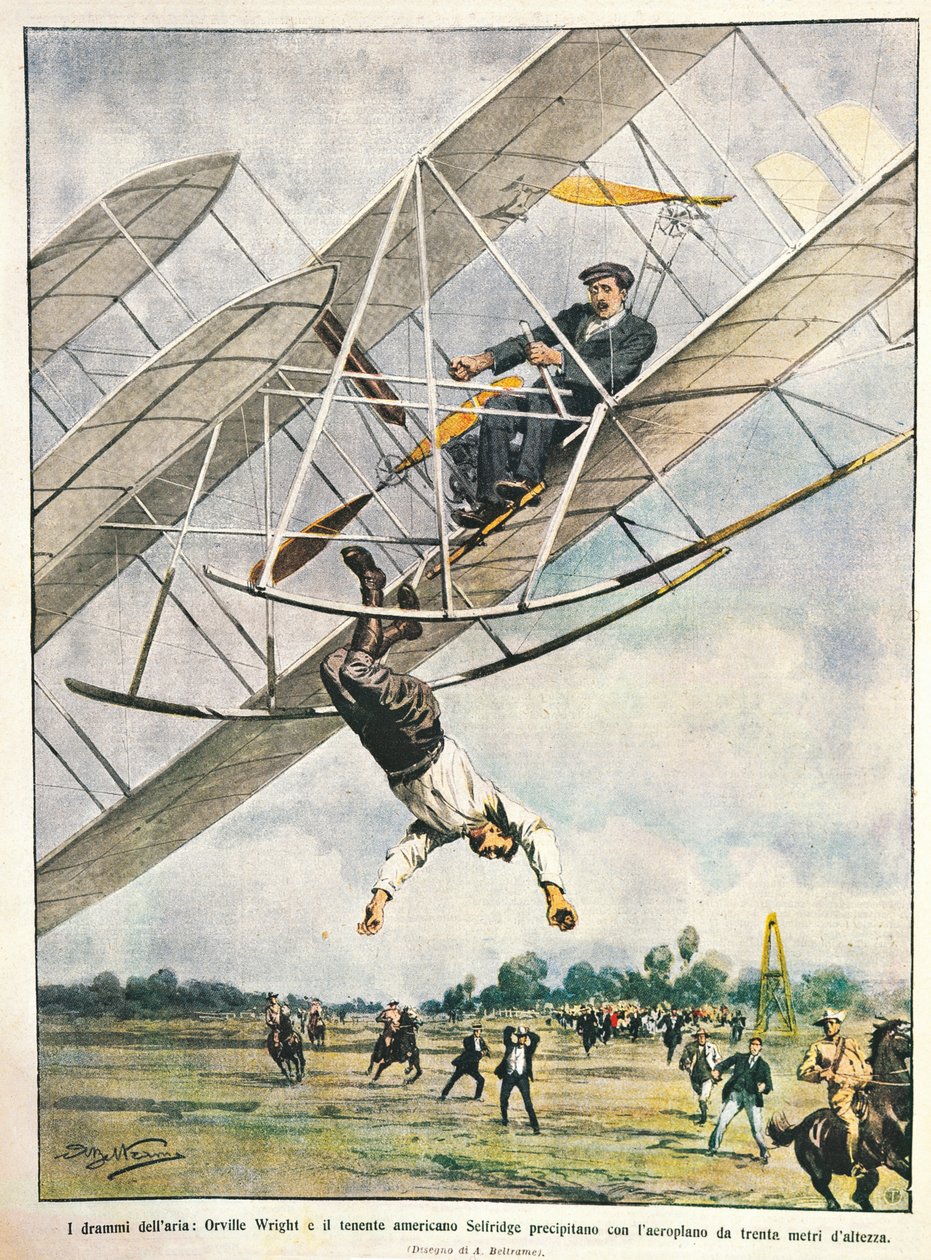 Orville Wright y el teniente Seliridge cayendo con biplano desde treinta metros, Estados Unidos de América, ilustración de Achille Beltrame de La Domenica del Corriere, 11 de octubre de Achille Beltrame