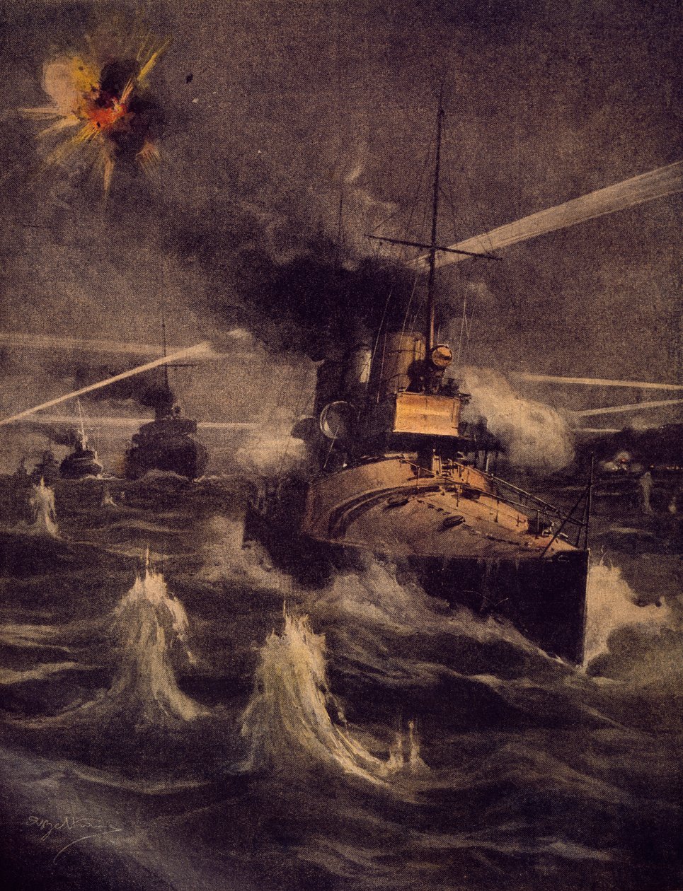 Nuestros torpederos haciendo una incursión audaz en el Estrecho de los Dardanelos bajo fuego enemigo, por Achille Beltrame (1871-1945), ilustración de La Domenica del Corriere de Achille Beltrame