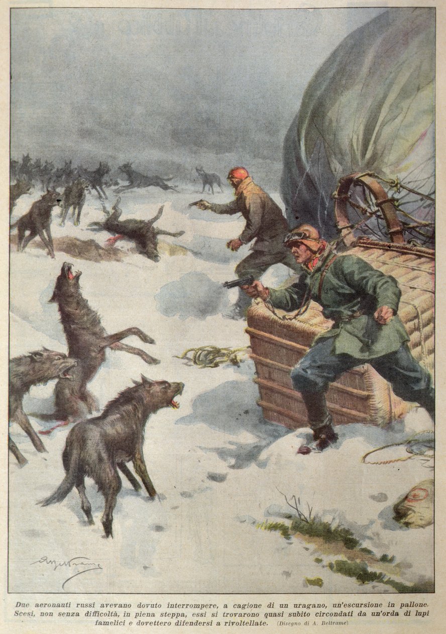 Manadas de lobos atacando a la tripulación de un globo aerostático ruso varado, ilustración de 