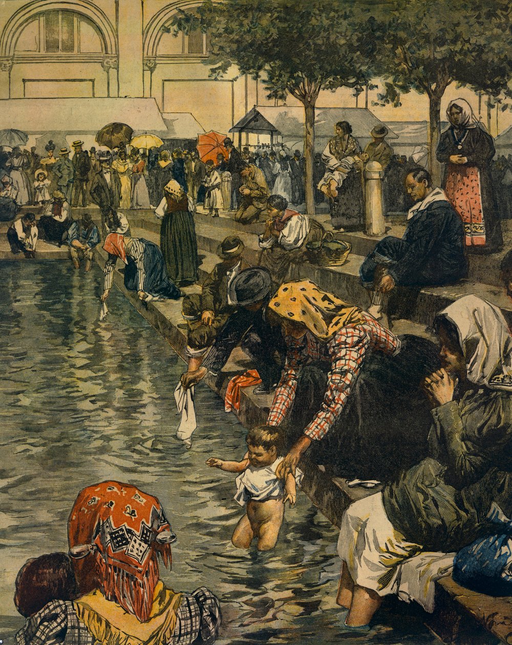 Peregrinación a Caravaggio: Baño en aguas milagrosas, por Achille Beltrame (1871-1945), de La Domenica del Corriere de Achille Beltrame