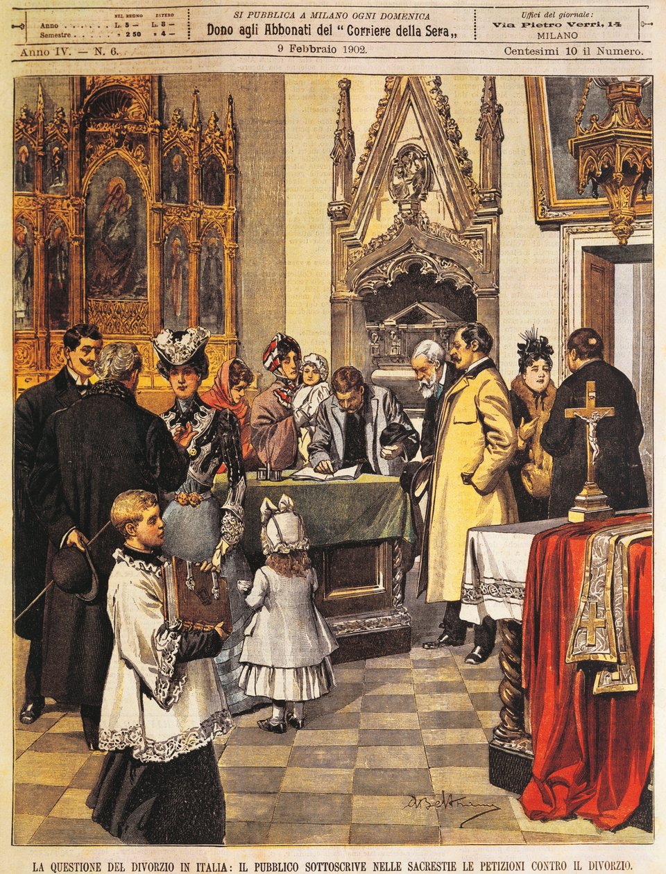 Petición pública contra el divorcio en la sacristía, por Achille Beltrame, ilustración, de La Domenica del Corriere, 9 de febrero de 1902 de Achille Beltrame