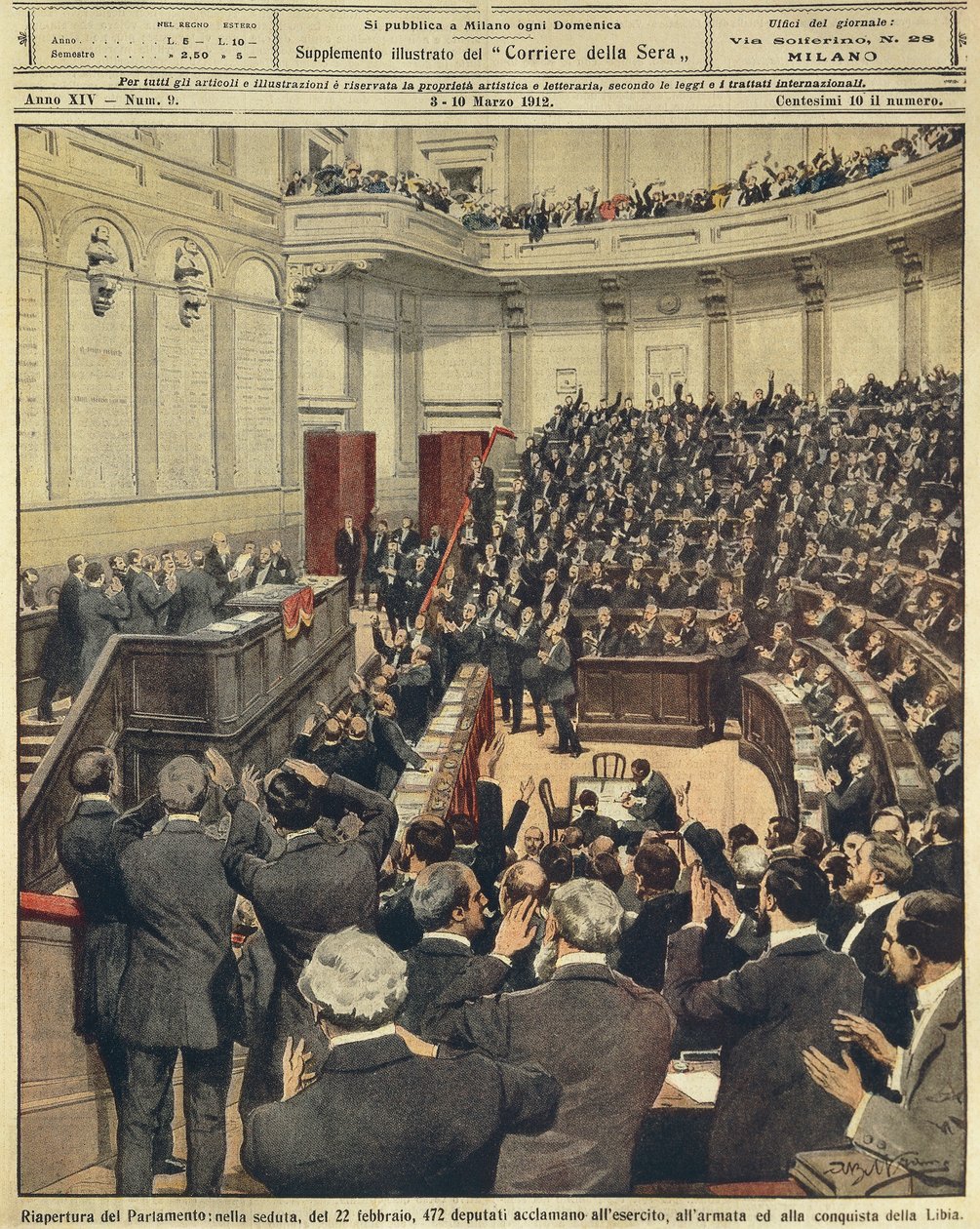 Reapertura del Parlamento Italiano en la noche del 22 de febrero, aclamación del ejército tras su exitosa campaña en Libia, por Achille Beltrame, ilustración, Ilustrador Achille Beltrame (1871-1945), de La Domenica del Corriere, 3 de marzo de 1912 de Achille Beltrame