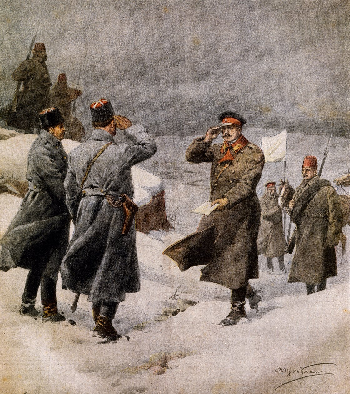 Reanudación de la guerra, parlamentario turco llegando al campamento búlgaro con mensaje anunciando el fin del armisticio, ilustración de La Domenica del Corriere, 9 de febrero de Achille Beltrame